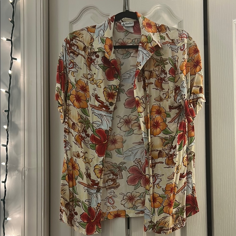 Disney Parks Minnie Mickey Donald Pluto Goofy Vintage Floral Hawaiian Shirt
